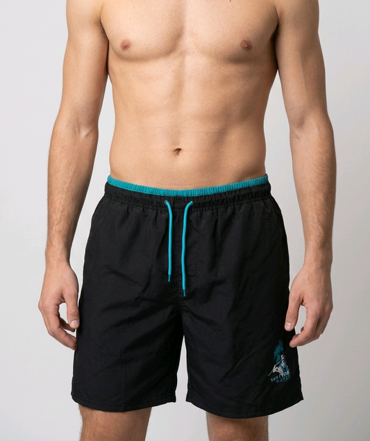 Black swim shorts with blue drawstring 