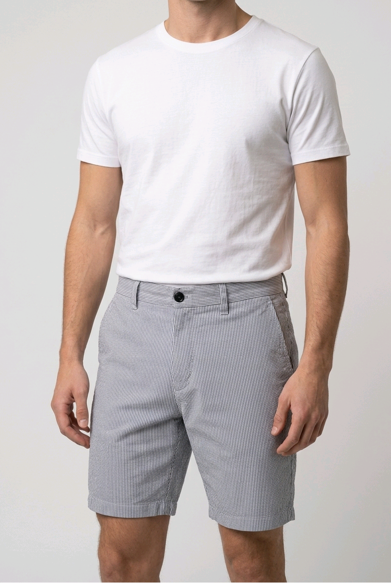 Man wearing blue & white striped shorts and a white t shirt