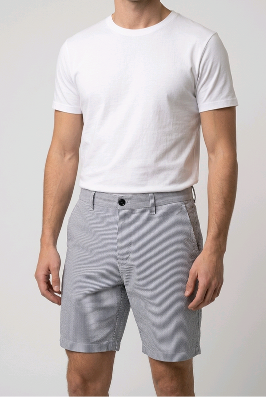 Man wearing blue & white striped shorts and a white t shirt