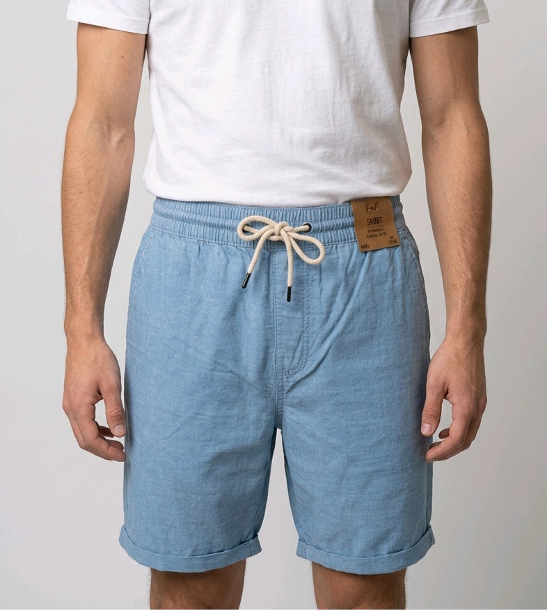 Man wearing light blue shorts with a white t shirt