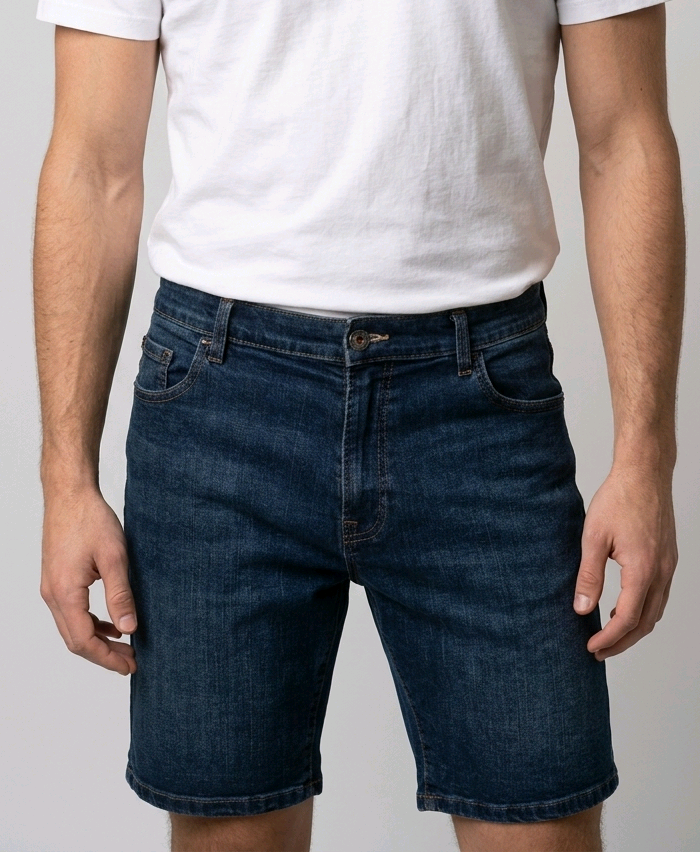 Man wearing denim blue shorts