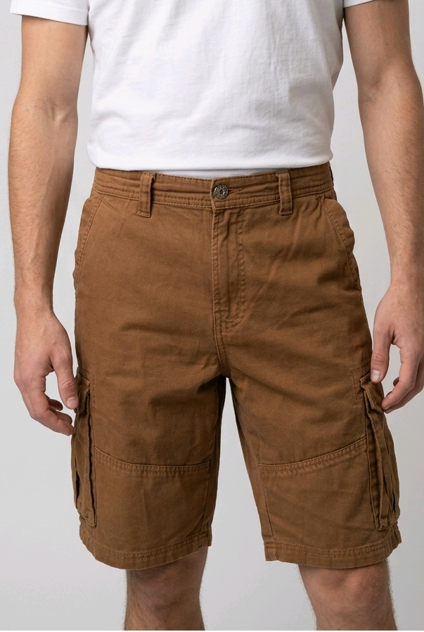 Man wearing brown cargo shorts