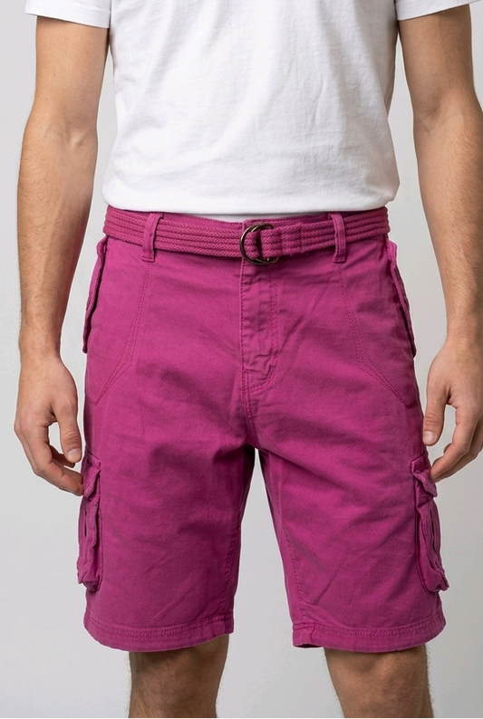Man wearing pink cargo shorts