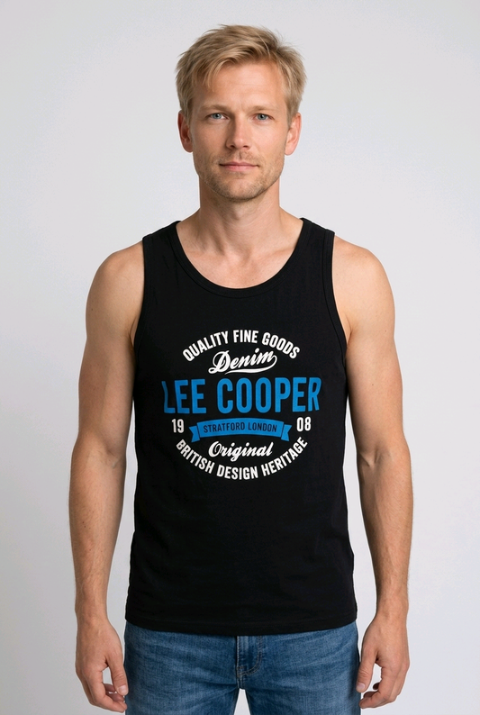 Man wearing a black tank top with Lee Cooper 