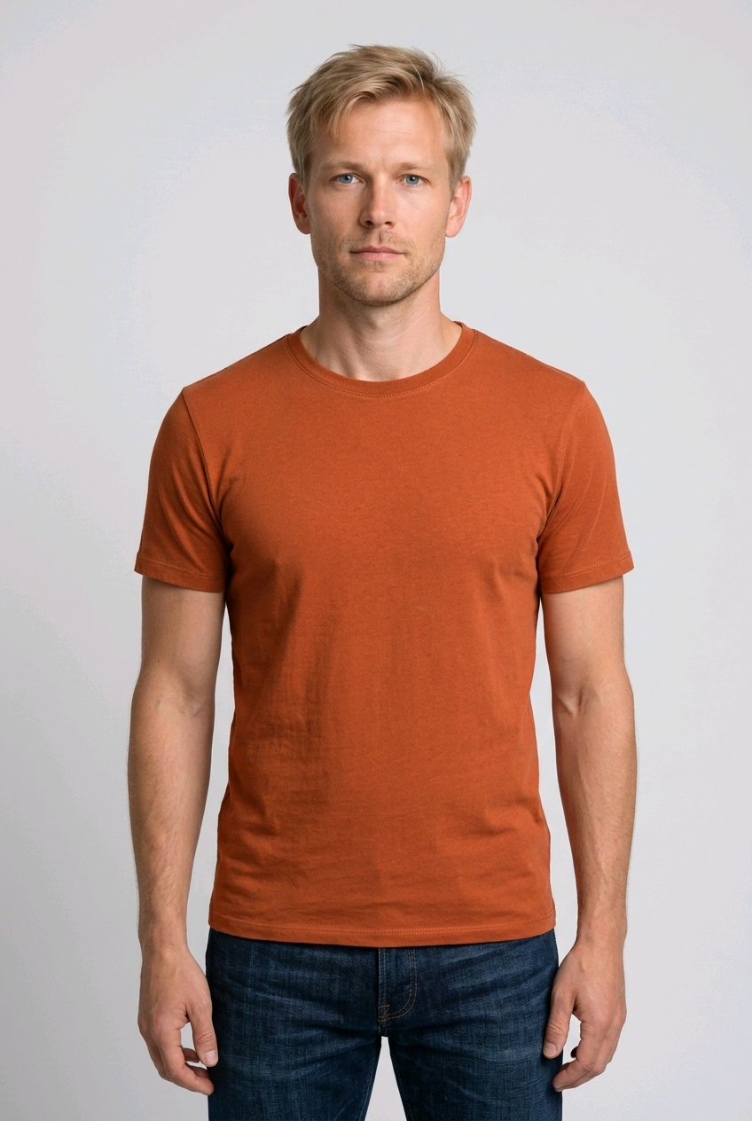 Man wearing a rust-colored t-shirt 