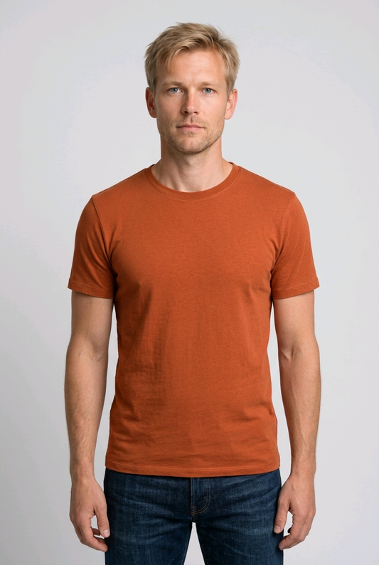 Man wearing a rust-colored t-shirt 