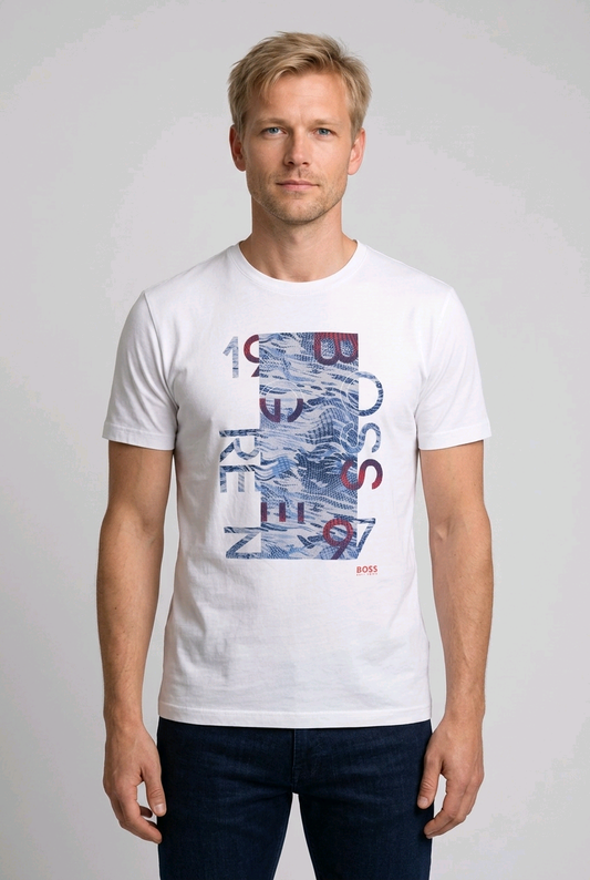 Man wearing a Hugo Boss white t-shirt with a graphic design 