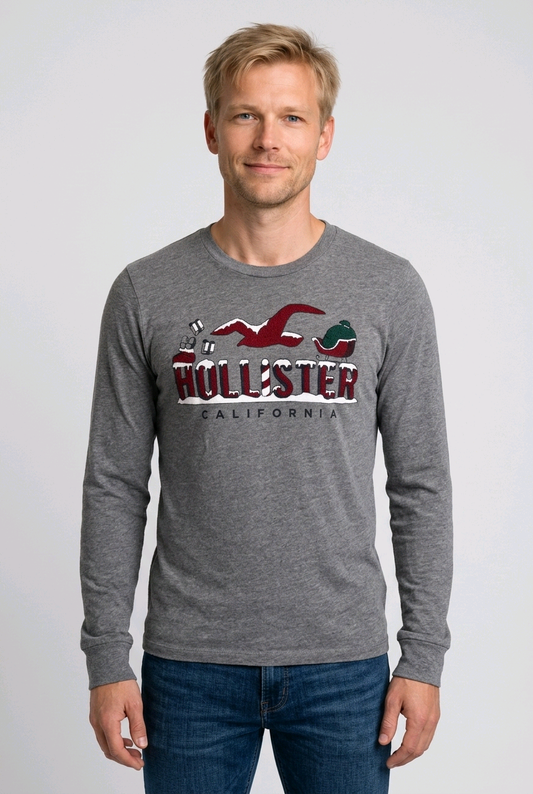 Man wearing a gray long-sleeve shirt with Hollister branding 