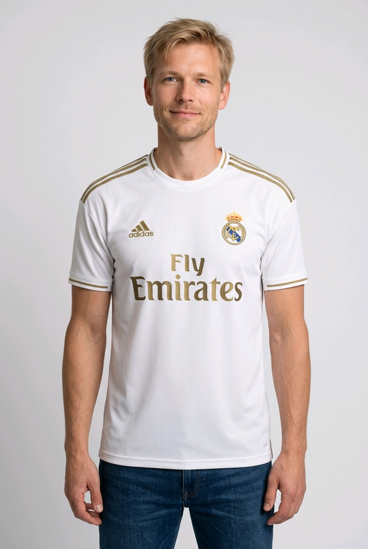 Man wearing a Real Madrid football shirt
