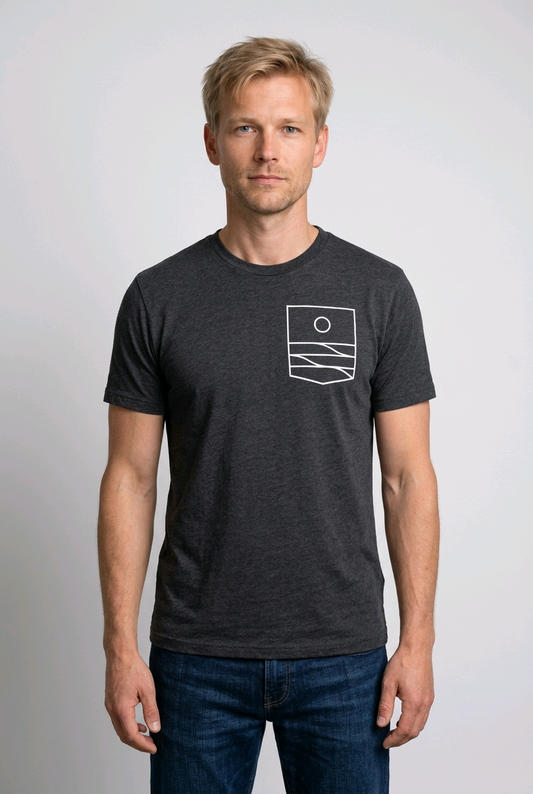 Man wearing a slate blue t shirt