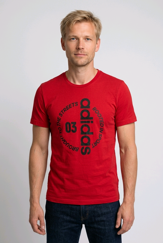 Man wearing a red Adidas graphic print t shirt