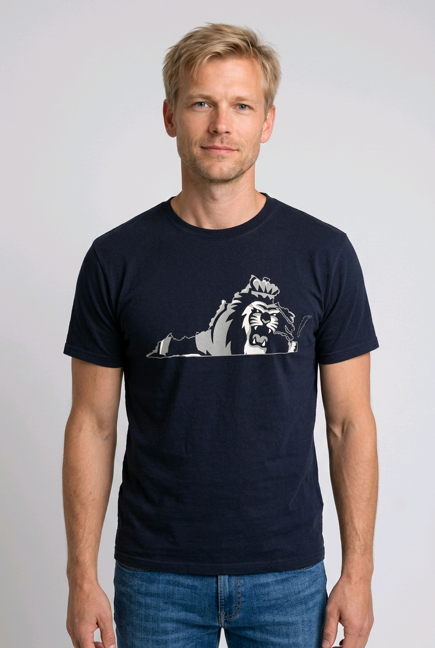 Man wearing a navy Champion t shirt