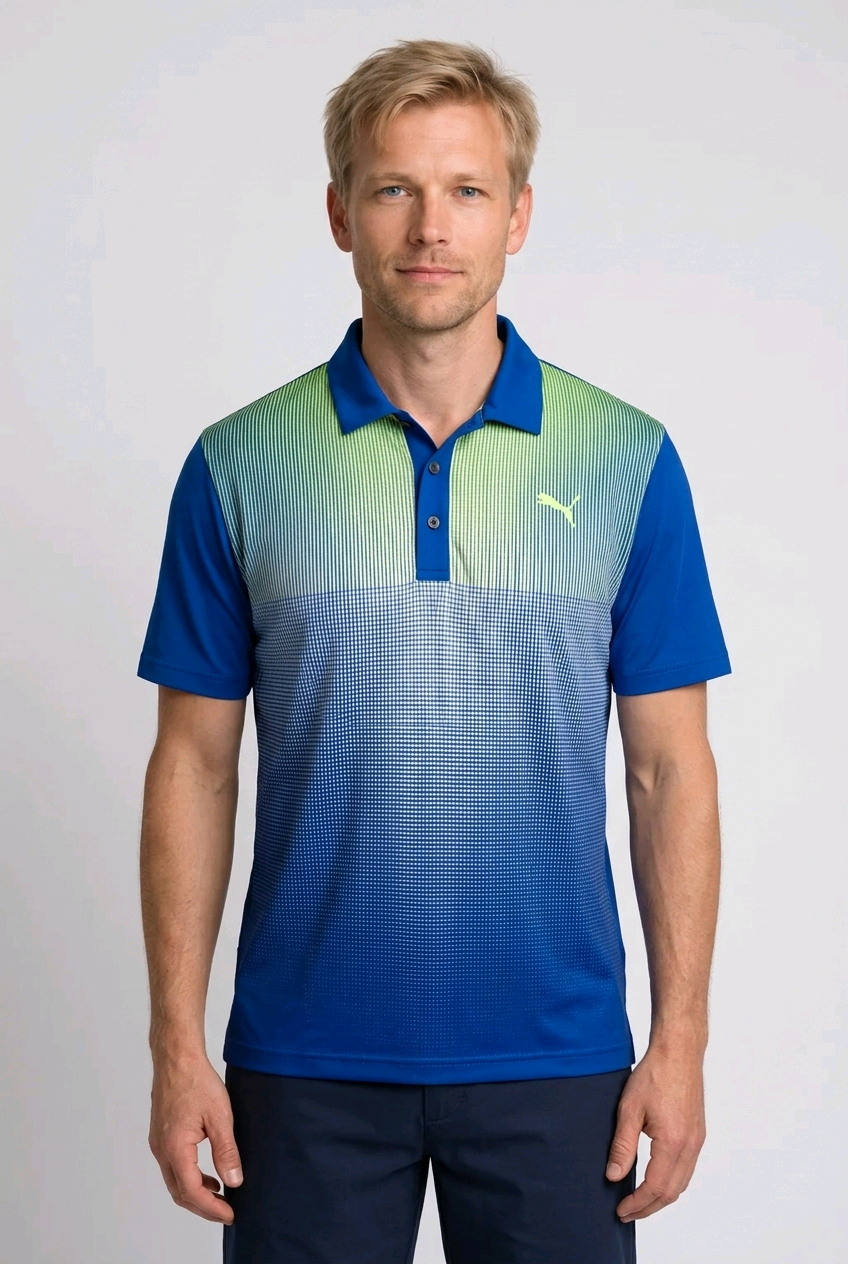 Man wearing a blue gradient Puma golf shirt