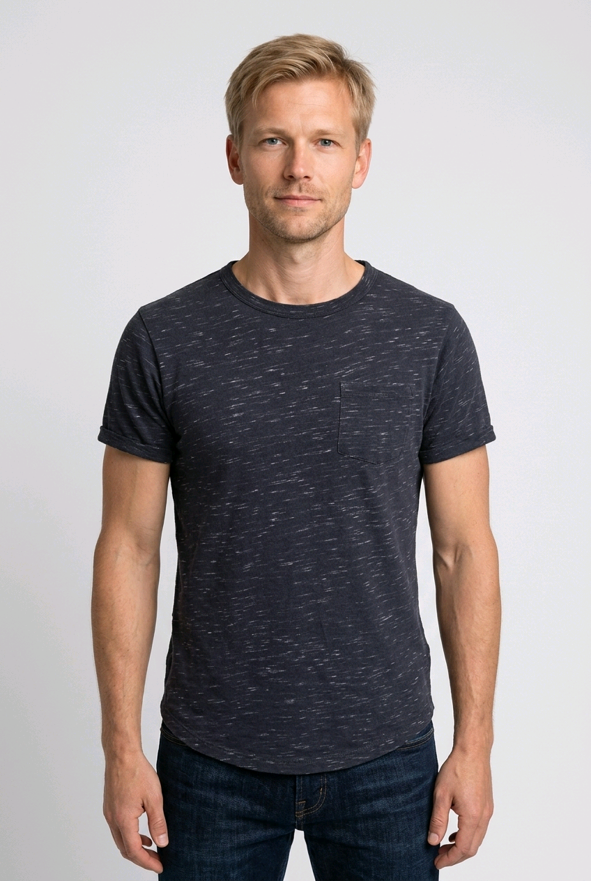 Man wearing navy marl t shirt