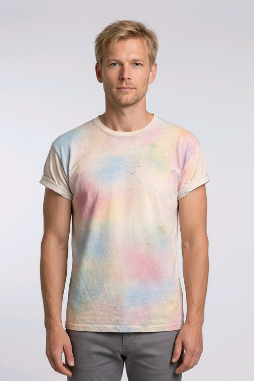 Man wearing a colorful tie-dye t-shirt 