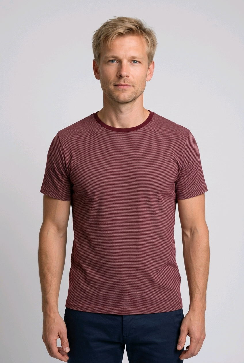Man wearing striped burgundy and white t shirt