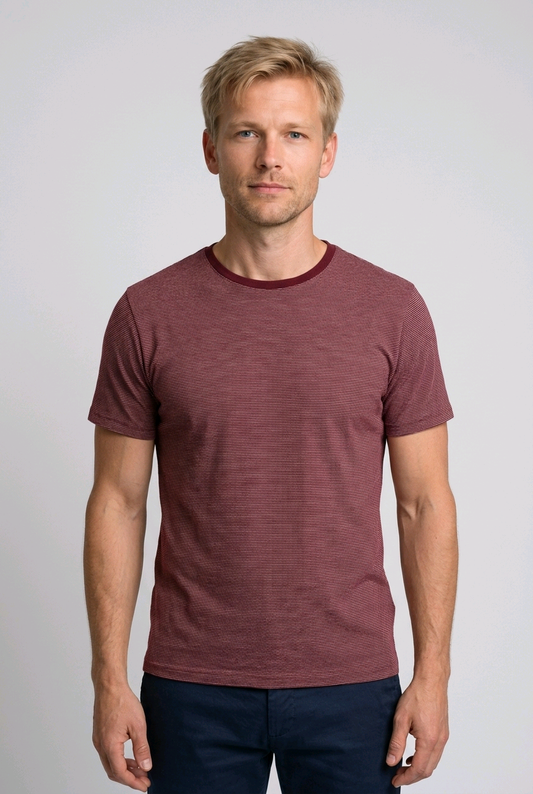 Man wearing striped burgundy and white t shirt