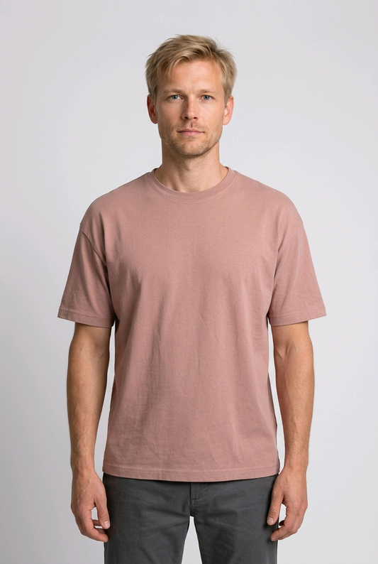 Man wearing a dusty rose t shirt