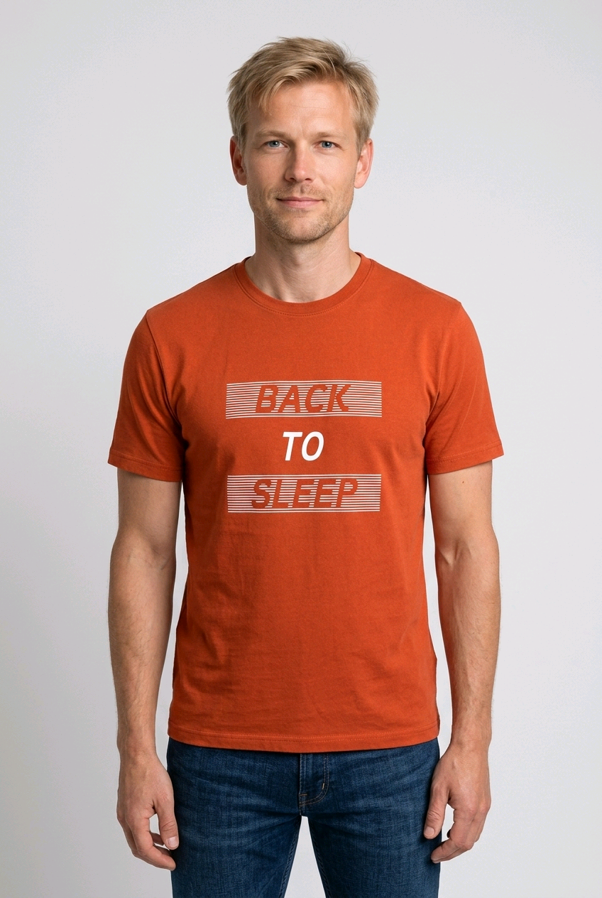 Man wearing a orange back to sleep t shirt