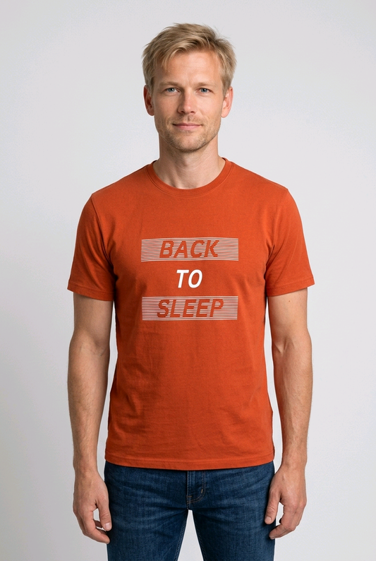 Man wearing a orange back to sleep t shirt