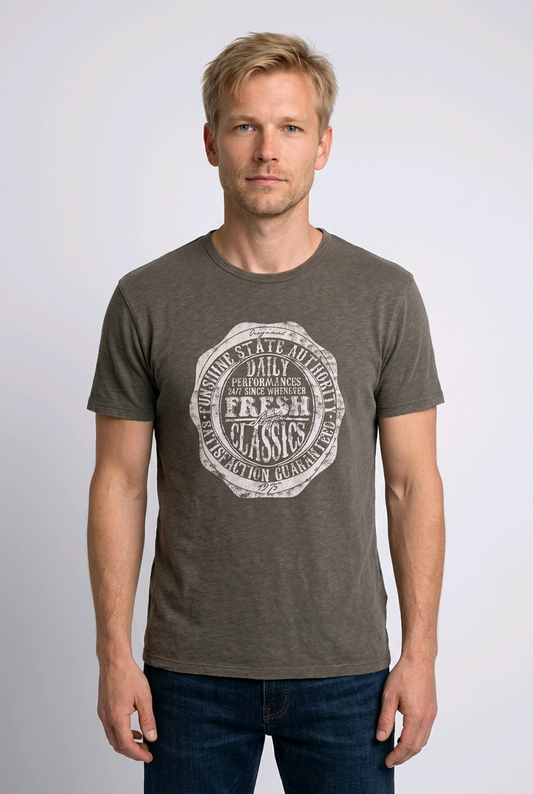 Man wearing a green khaki print t shirt
