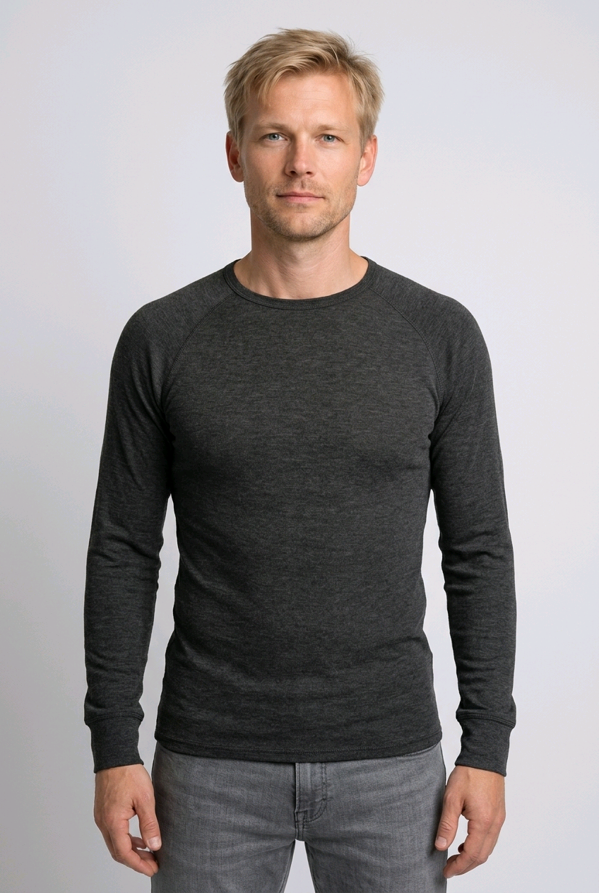 Man wearing a dark gray long-sleeve shirt 