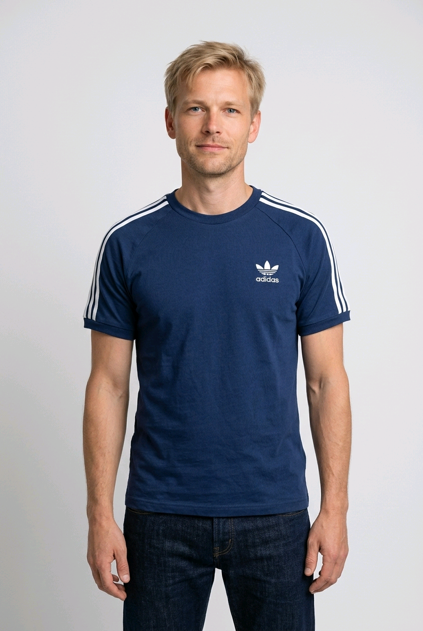 Man wearing a blue Adidas Originals t shirt