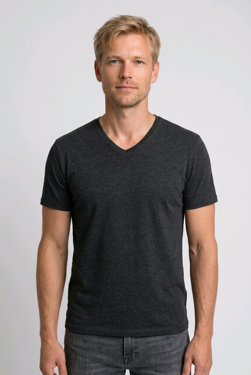 Man wearing a dark grey t-shirt 