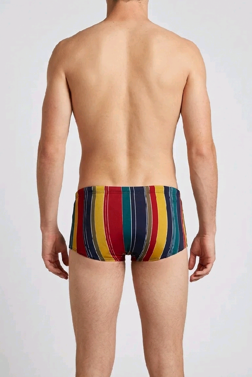 Multicolored striped swim shorts worn by a man back view