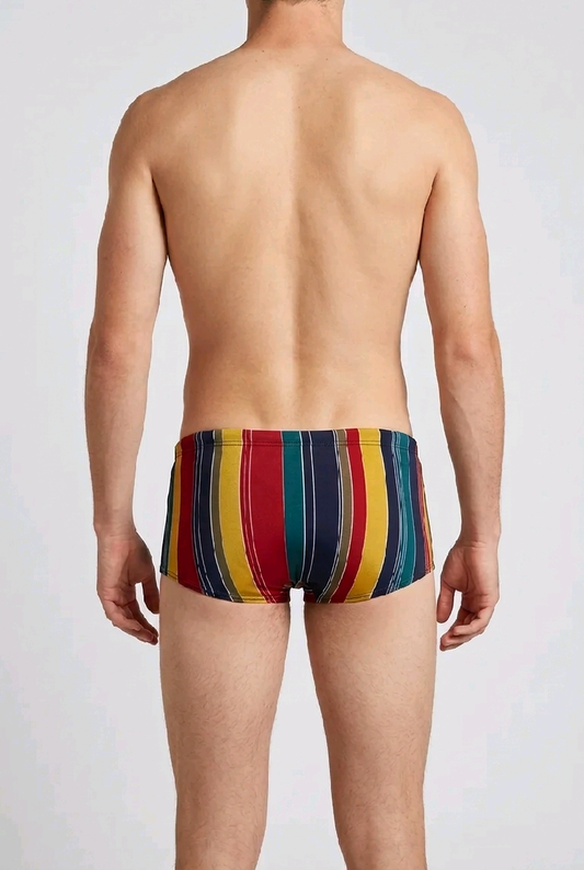 Multicolored striped swim shorts worn by a man back view