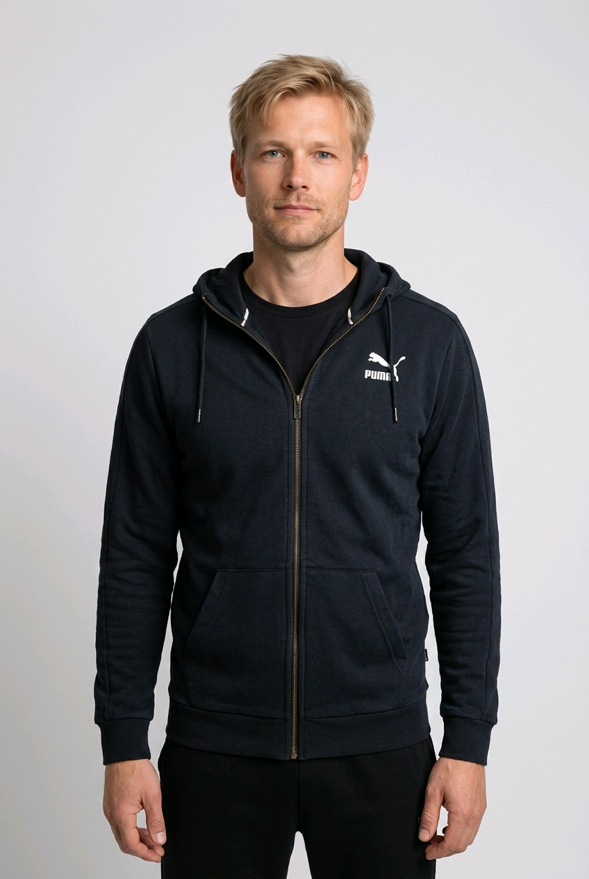 Men's black Puma zip-up hoodie with logo, casual activewear