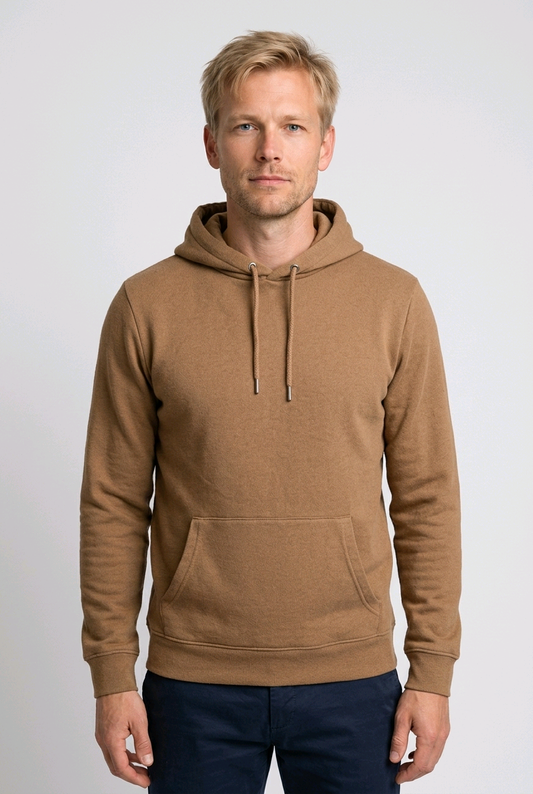 Men's brown hoodie with drawstring hood and front pocket