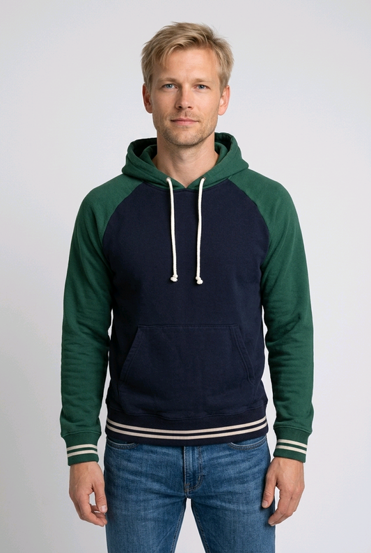 Men's navy and green hoodie with front pocket and drawstrings
