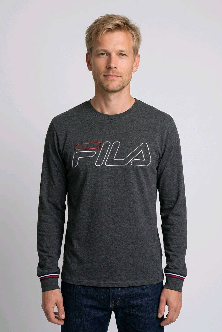 Man wearing grey FILA sweatshirt