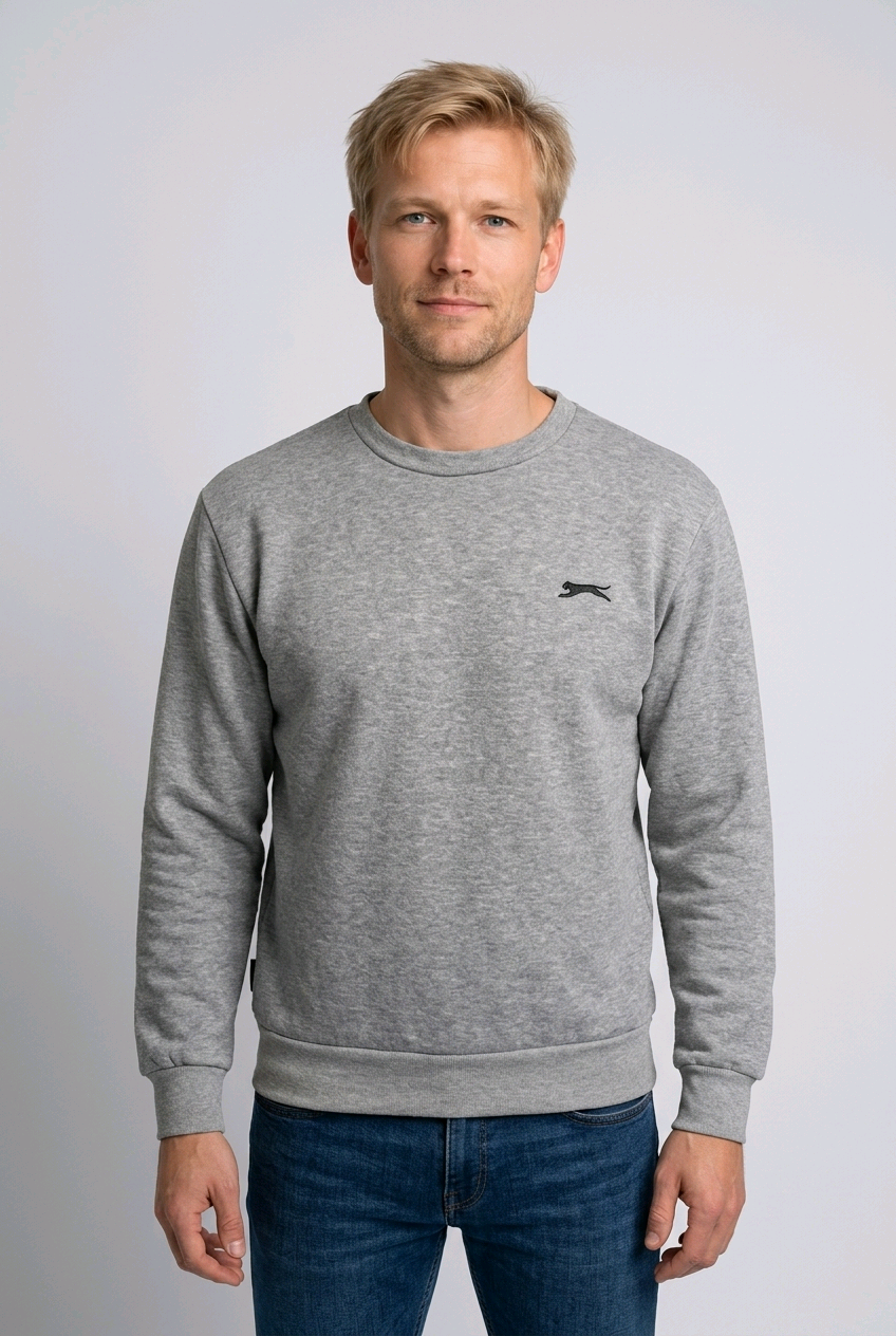 Man wearing a grey Slazenger sweatshirt