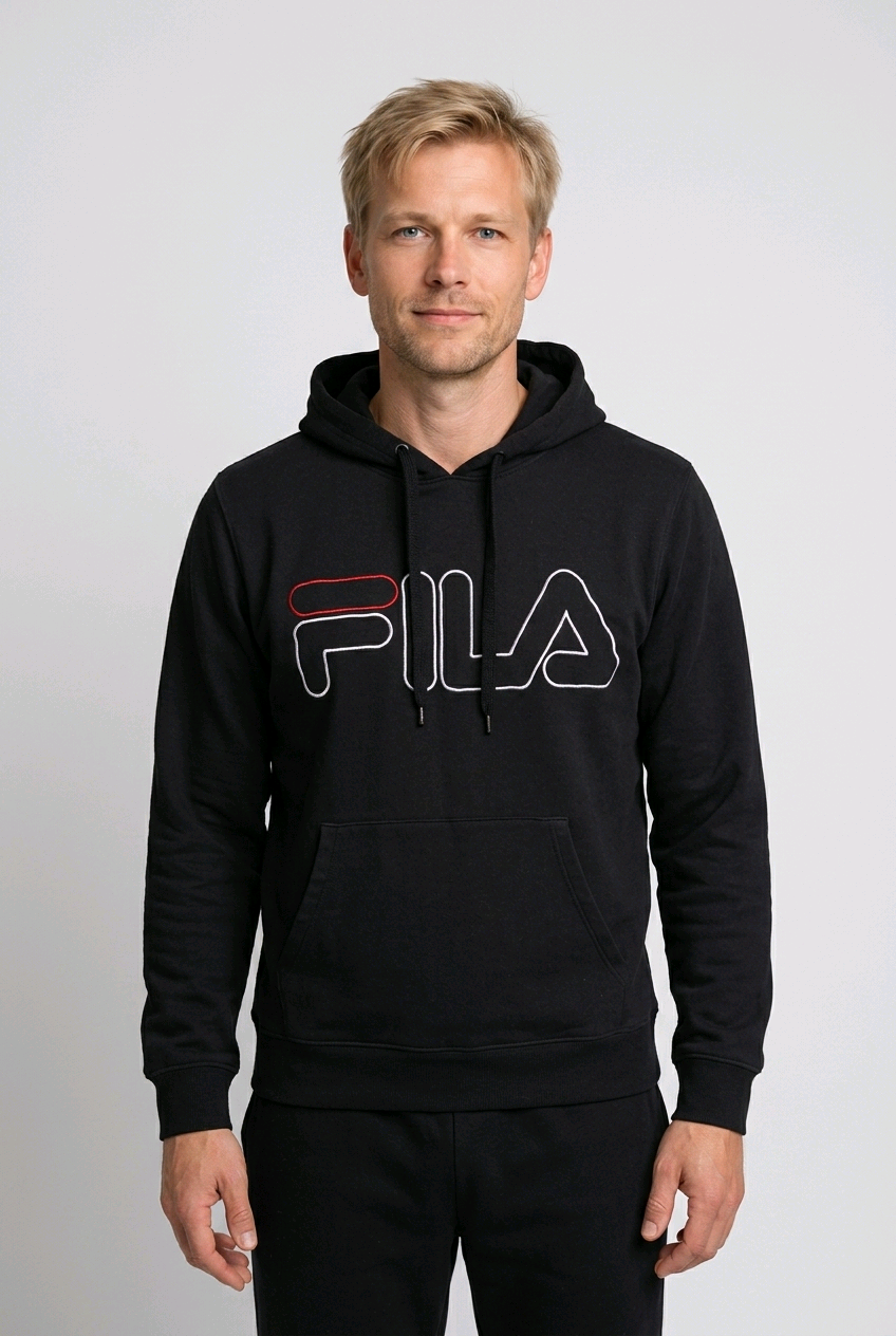 Man wearing black Fila hoodie