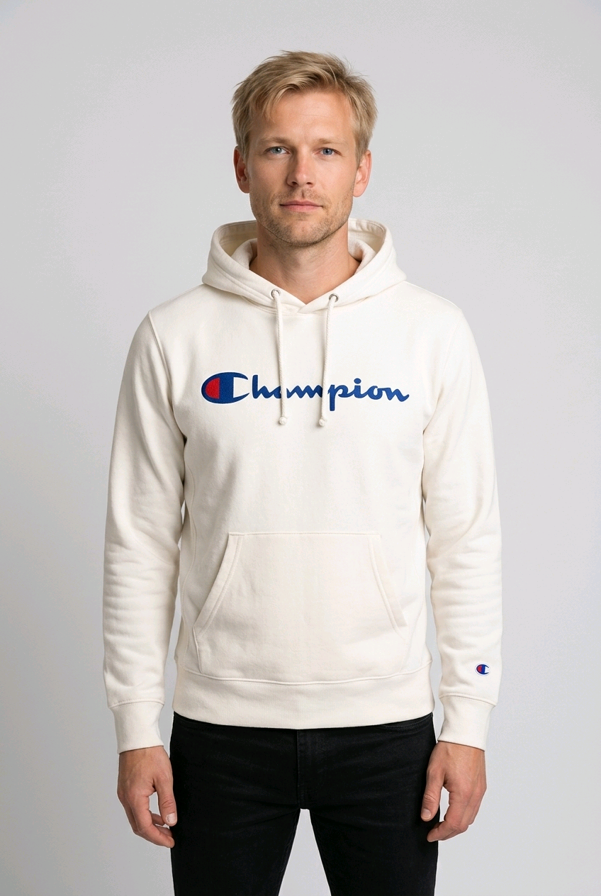 Man wearing white Champion hoodie