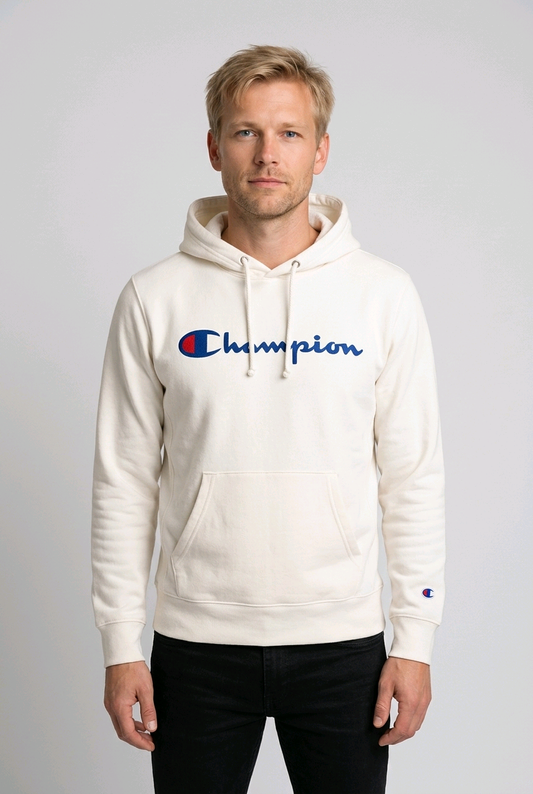Man wearing white Champion hoodie