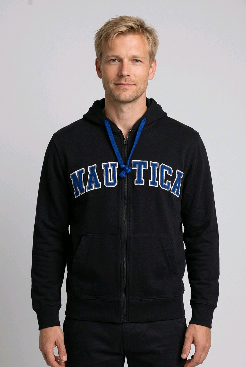 Nautica black full zip hoodie with logo detail, men's casual activewear 