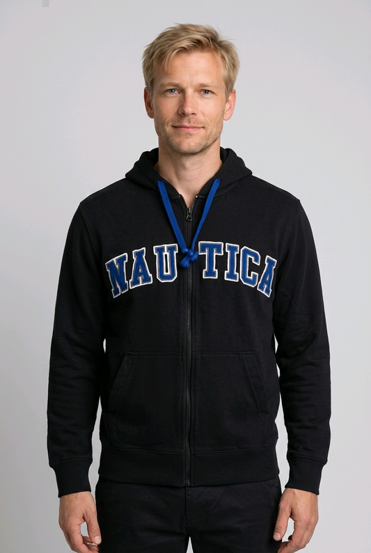 Nautica black full zip hoodie with logo detail, men's casual activewear 