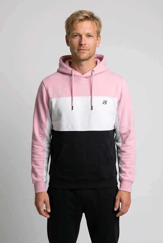Pink, white, and black colour block hoodie with front pocket and drawstrings