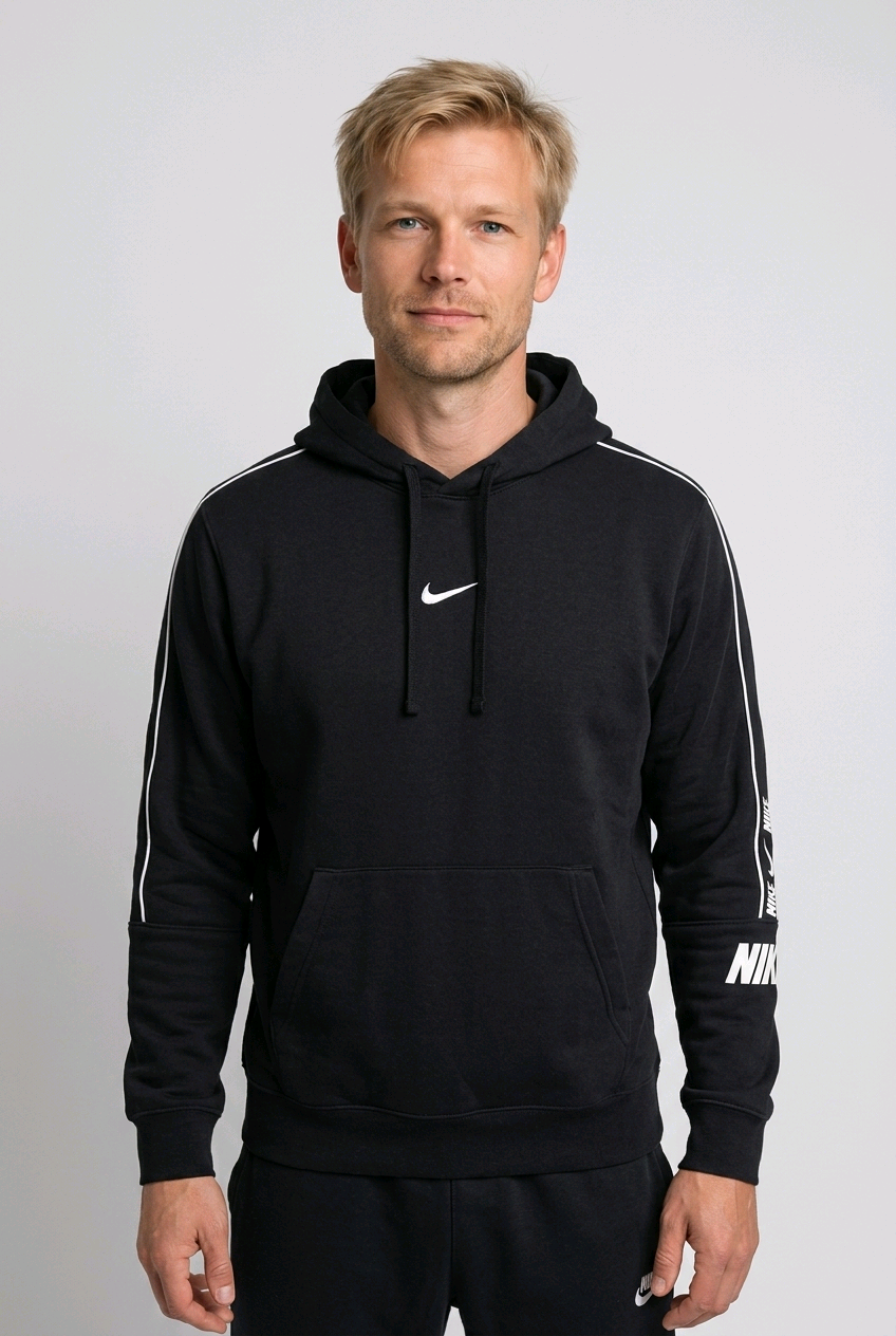 Nike black hoodie with Swoosh tape sleeve detailing, front view