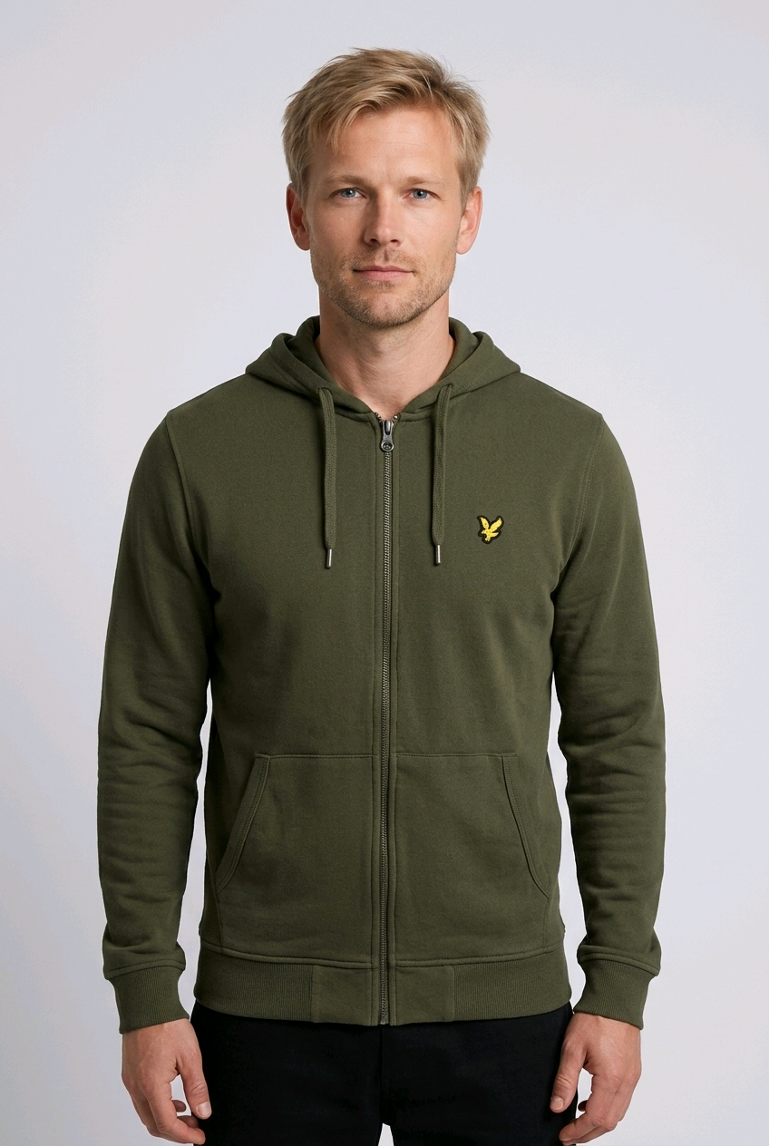 Dark olive zip-up hoodie with embroidered logo on chest, front view