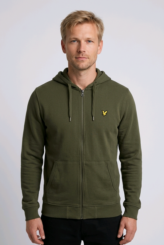 Dark olive zip-up hoodie with embroidered logo on chest, front view