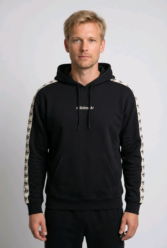 Black Adidas Originals Tape Sleeve Hoodie with logo and stripe details, front view
