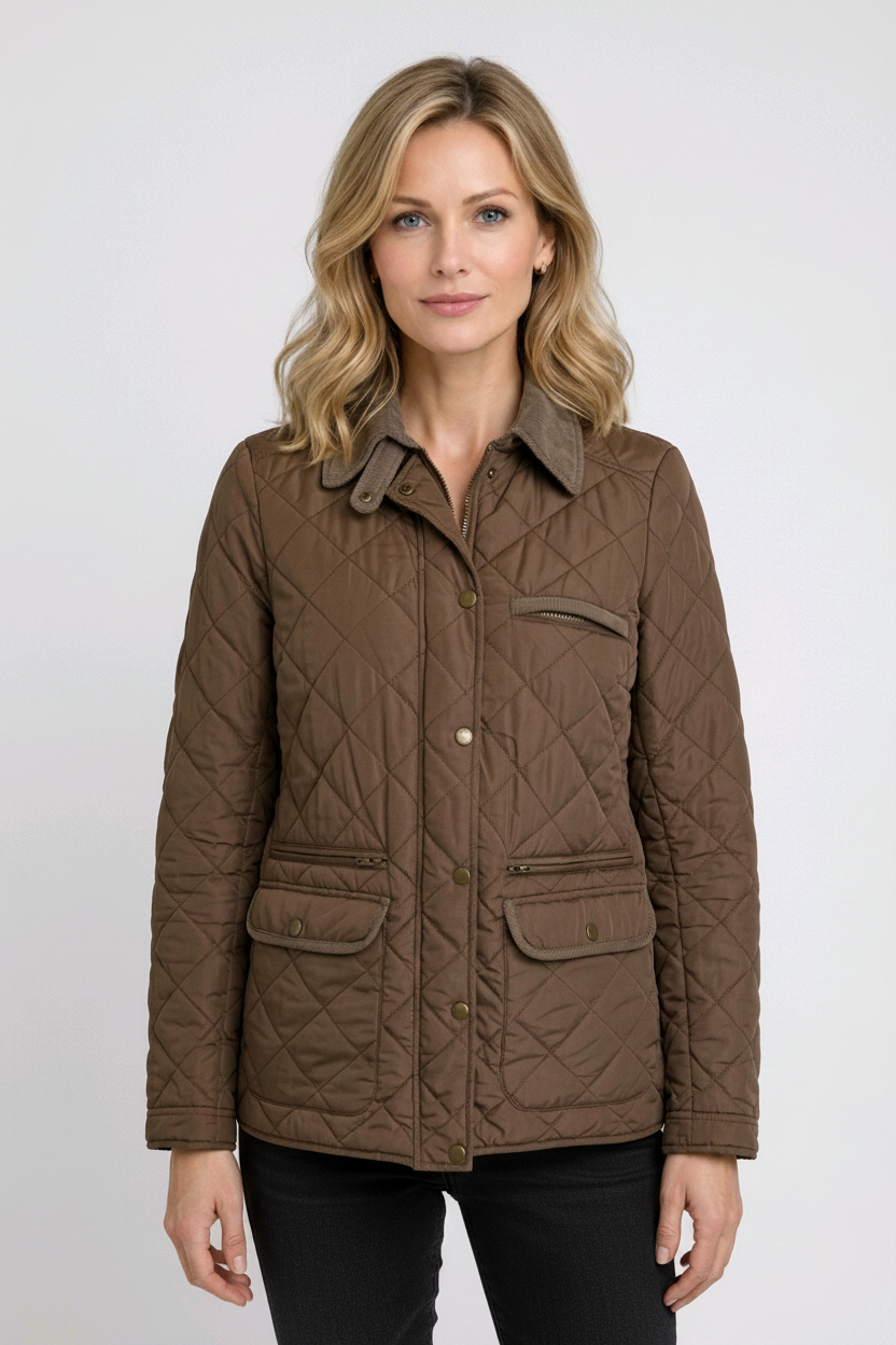 Woman wearing a brown quilted jacket 