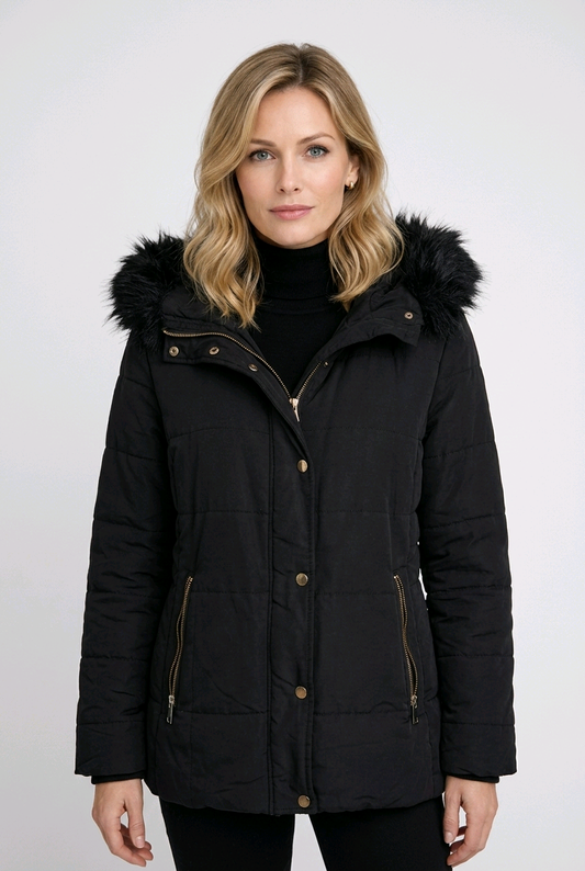 Women wearing black coat with hood