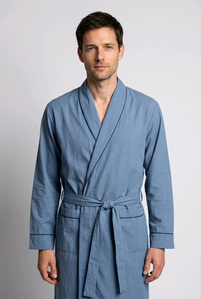Men's blue patterned dressing gown with belt and pockets
