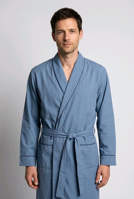 Men's blue patterned dressing gown with belt and pockets