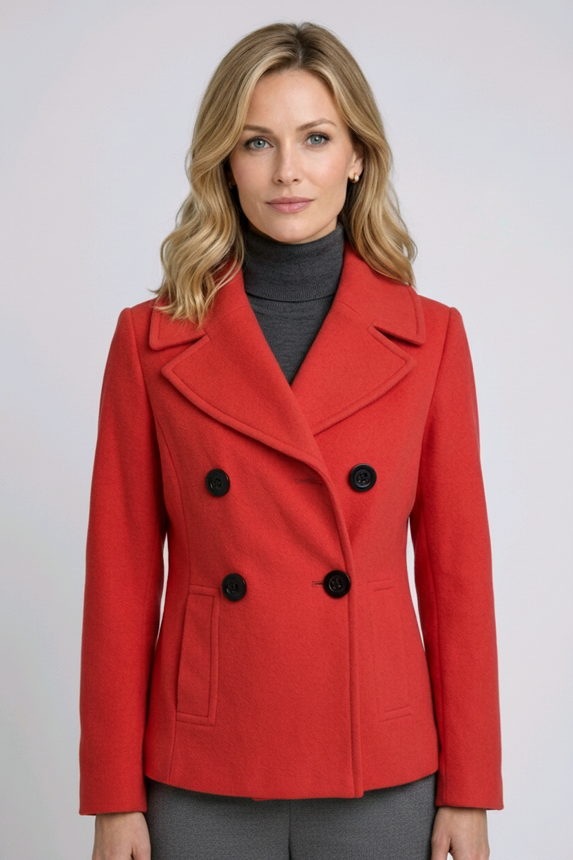 Woman wearing a red coat with black buttons 